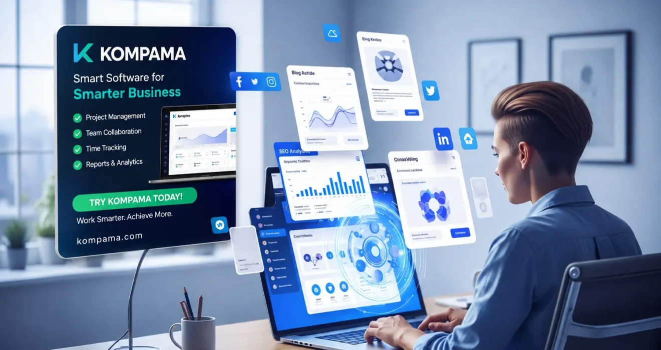 Kompama digital media publishing platform showing content creation, SEO optimization, blogging dashboard, and online publishing workflow