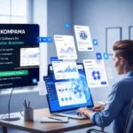 Kompama digital media publishing platform showing content creation, SEO optimization, blogging dashboard, and online publishing workflow