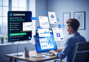 Kompama digital media publishing platform showing content creation, SEO optimization, blogging dashboard, and online publishing workflow