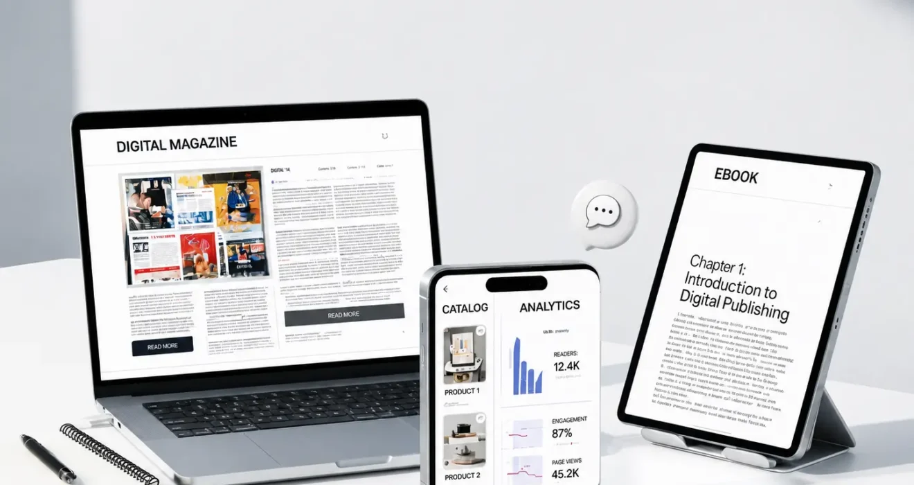 Kompama digital publishing platform showing interactive content, online publishing tools, analytics, and digital documents