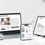 Kompama digital publishing platform showing interactive content, online publishing tools, analytics, and digital documents