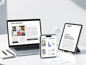 Kompama digital publishing platform showing interactive content, online publishing tools, analytics, and digital documents