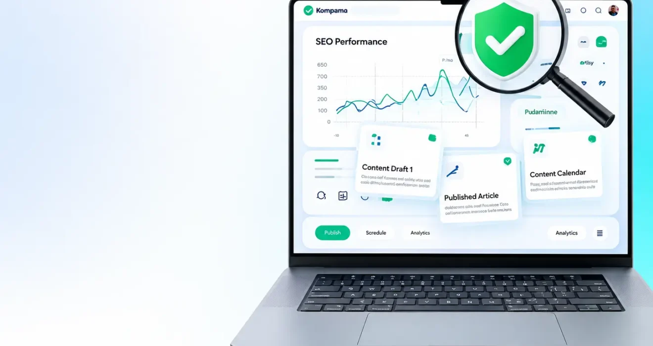 Modern illustration of the Kompama digital publishing platform review showing security, legitimacy, SEO analytics, and content management features in 2026.