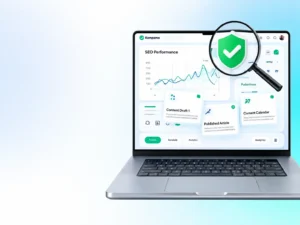 Modern illustration of the Kompama digital publishing platform review showing security, legitimacy, SEO analytics, and content management features in 2026.