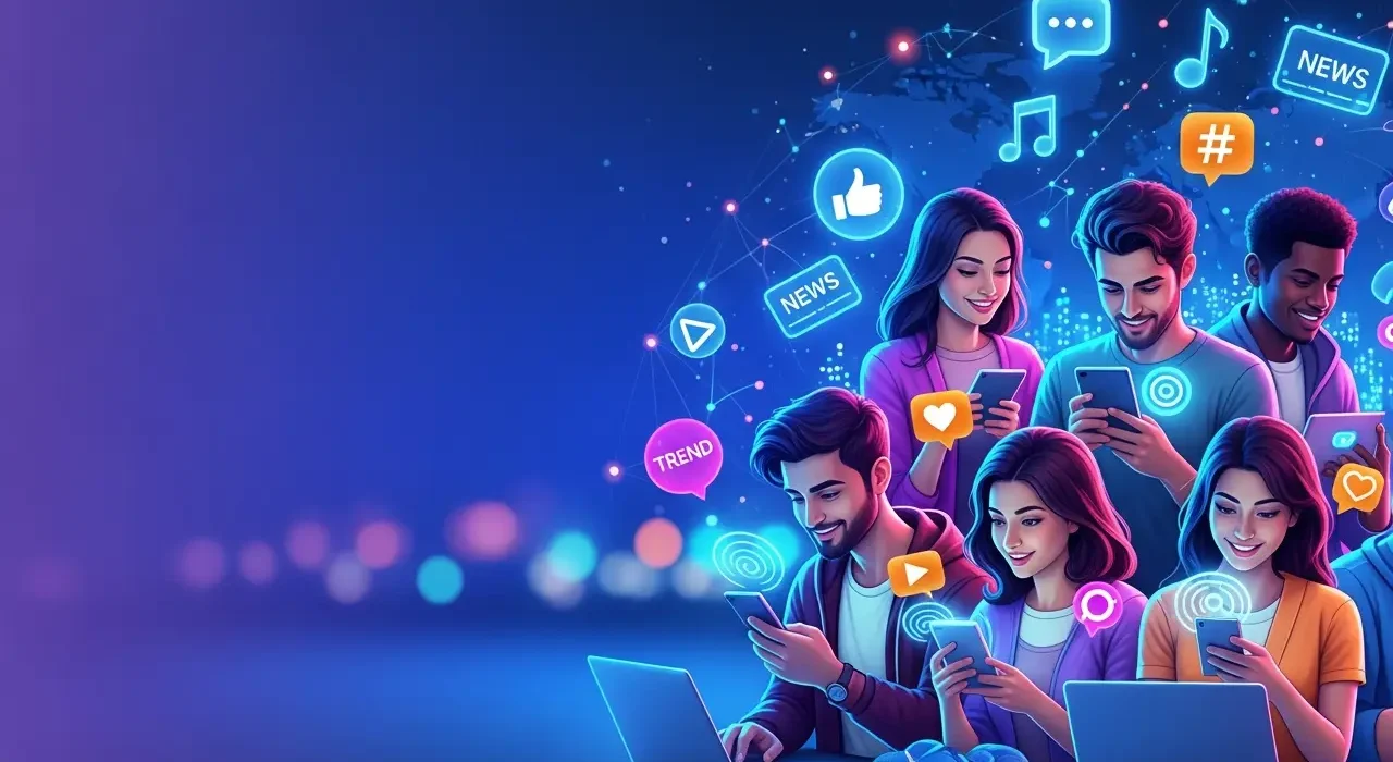 Illustration of people exploring entertainment news, social media trends, music, and digital culture on a modern online platform called Sosoactive.