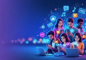 Illustration of people exploring entertainment news, social media trends, music, and digital culture on a modern online platform called Sosoactive.