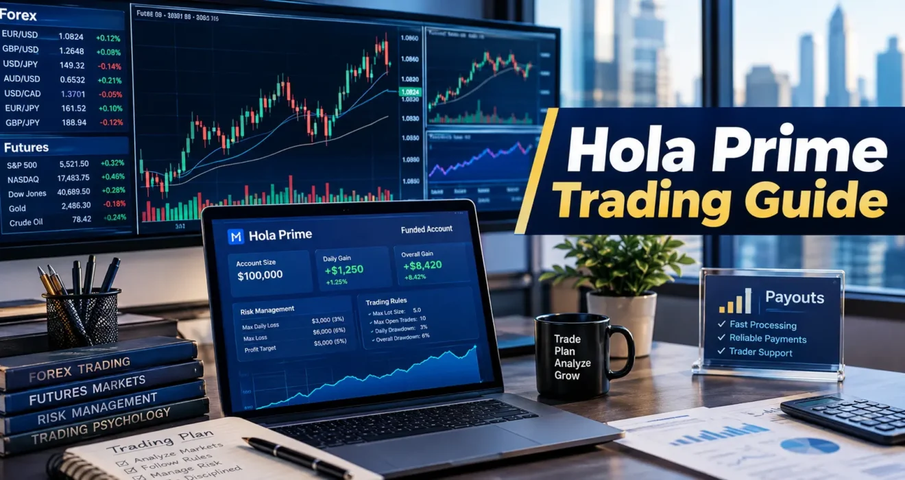 Hola Prime prop trading guide showing trading charts, funded account analysis, platforms, and payout information