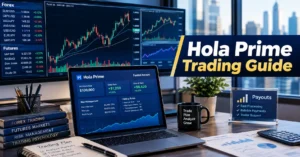 Hola Prime prop trading guide showing trading charts, funded account analysis, platforms, and payout information