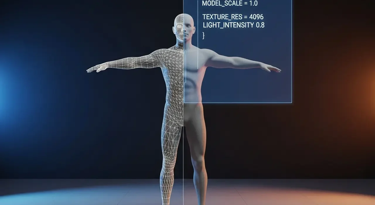 Illustration showing a 3D model being compiled from wireframe mesh to finished textured model for Source Filmmaker