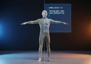 Illustration showing a 3D model being compiled from wireframe mesh to finished textured model for Source Filmmaker