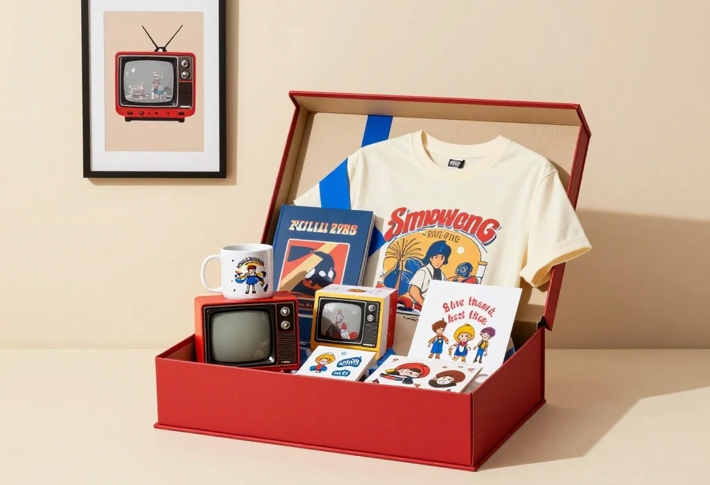 Retro-themed WhatUTalkingBoutWillis gift box featuring a mug, T-shirt, wall art, collectibles, stickers, and a personalized card.