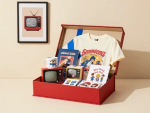 Retro-themed WhatUTalkingBoutWillis gift box featuring a mug, T-shirt, wall art, collectibles, stickers, and a personalized card.
